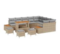 Qnhdfrt Set di divani da giardino da 13 pezzi, in polyrattan, beige, set di sedute per giardino e terrazza con imbottiture morbide, elementi in legno di acacia e tavolo, per momenti di relax
