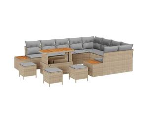 Qnhdfrt Set di divani da giardino da 13 pezzi, in polyrattan, beige, set di sedute per giardino e terrazza con imbottiture morbide, elementi in legno di acacia e tavolo, per momenti di relax