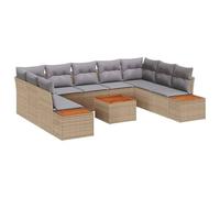 Qnhdfrt Set di divani da giardino in polyrattan beige, set modulare per terrazza e giardino, con tavolo e cuscini per seduta, capacità di seduta 9 persone, base in legno di acacia, 10 pezzi