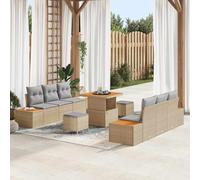 Qnhdfrt Set di divani da giardino in polyrattan e legno di acacia, 5 pezzi, colore beige, design moderno per giardino, terrazza e balcone, resistente alle intemperie e confortevole con cuscini