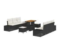 Qnhdfrt Set di divani da giardino in polyrattan e legno di acacia, gruppo lounge modulare con tavolo regolabile e cuscini per giardino e terrazza, nero