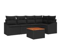 Qnhdfrt Set di divani da giardino modulari con vano portaoggetti, set da 6 pezzi, in polyrattan e legno di acacia massiccio, per terrazza e balcone, resistente alle intemperie, nero