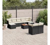 Qnhdfrt Set di divano da giardino in rattan sintetico nero con tavolo in legno di acacia e cuscino bianco crema per terrazza, giardino e balcone