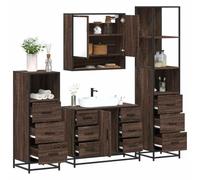 Qnhdfrt Set di mobili da bagno, 4 pezzi, colore marrone, effetto rovere, in legno con specchio per il bagno: armadietto da bagno, mobiletto da bagno, mobile da bagno alto e basso