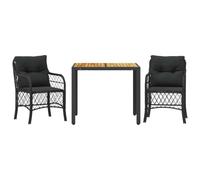 Qnhdfrt Set di mobili da giardino da 3 pezzi, in polyrattan, con piano in legno di acacia e cuscini per cuscini, colore nero, per balcone, terrazza e giardino