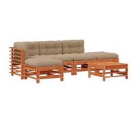 Qnhdfrt Set di mobili da giardino da 6 pezzi, in legno di pino massiccio, marrone cera, per terrazza e giardino, divano modulare con tavolo e sgabelli, 236 x 121 x 60 cm