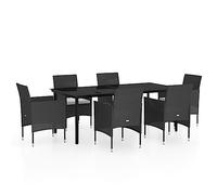 Qnhdfrt Set di mobili da giardino da 7 pezzi, per 6 persone, con 6 sedie e tavolo da 200 x 100 cm, design in rattan sintetico con piano in vetro, cuscino incluso, colore: nero