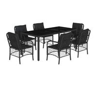 Qnhdfrt Set di mobili da giardino in polyrattan, 7 pezzi, con tavolo e 6 sedie, cuscini per seduta e schienale, tavolo con piano in vetro temperato, mobili da giardino per terrazza ed esterni, colore