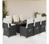 Qnhdfrt Set di mobili da giardino in rattan sintetico, 9 pezzi, nero, con cuscino, sedie regolabili e tavolo in vetro temperato, per terrazza, giardino, balcone