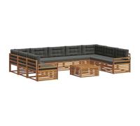 Qnhdfrt Set di mobili da giardino modulari da 10 pezzi, in legno di acacia massiccio, con cuscino imbottito, tavolo incluso, colore naturale e antracite, superficie laccata