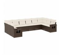 Qnhdfrt Set Divani da Giardino 10 pz in Polyrattan Marrone con Cuscini | Salotto modulare per terrazzo, giardino e patio con vano portaoggetti integrato e tavolino pieghevole su bracciolo.