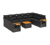 Qnhdfrt Set Divani da Giardino 10pz in Polyrattan Nero con Tavolo e Cuscini | Salotto modulare da esterno per patio e cortile con piano tavolo in legno di acacia e bracciolo ribaltabile multifunzione.
