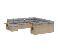 Qnhdfrt Set Divani da Giardino 11 Pz in Polyrattan e Legno Beige | Salotto modulare da esterno per terrazzo con vano portaoggetti integrato, tavolino pieghevole e cuscini sfoderabili.