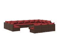 Qnhdfrt Set Divani da Giardino 14 pz in Polyrattan Marrone e Rosso | Salotto modulare da esterno con cuscini rossi e tavolino coordinato per valorizzare terrazzo patio e giardino.