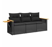 Qnhdfrt Set Divani da Giardino 3 Pz in Rattan PE Nero con Cuscini | Salotto modulare per terrazzo e patio con tavolino pieghevole laterale, braccioli in acacia e cuscini sfoderabili.