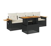 Qnhdfrt Set Divani da Giardino 5 pz in Polyrattan Legno di Acacia Nero | Salotto modulare per terrazzo e patio con vano portaoggetti integrato e tavolino pieghevole laterale a molla.