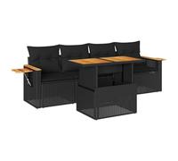 Qnhdfrt Set Divani da Giardino 5 pz in Rattan PE e Acacia Nero | Salotto modulare per terrazzo e patio con vano portaoggetti integrato e tavolino laterale pieghevole in solida acacia.