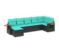 Qnhdfrt Set Divani da Giardino 7 pz in Polyrattan con Cuscini Blu Nero | Salotto modulare per terrazzo e patio con tavolino integrato pieghevole bracciolo in legno acacia e piedini regolabili