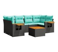Qnhdfrt Set Divani da Giardino 7 pz in Polyrattan Nero con Cuscini Blu | Salotto componibile da esterno per giardino e terrazza con tavolino integrato bracciolo e piano in legno di acacia