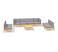 Qnhdfrt Set Divani da Giardino 9 pz in Legno Massello di Pino con Cuscini | Salotto modulare composto da 8 sedute e 1 tavolo per terrazzo e patio, completo di spessi cuscini grigi imbottiti.