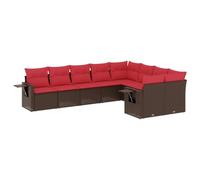 Qnhdfrt Set Divani da Giardino 9 pz in Rattan PE Marrone con Cuscini | Salotto modulare per terrazzo e patio con tavolini laterali pieghevoli a molla e morbidi cuscini sfoderabili rossi.