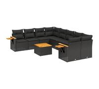 Qnhdfrt Set Divani da Giardino 9 pz Modular Lounge in Polyrattan Nero | Salotto modulare da esterno per giardino e terrazzo con tavolo in legno di acacia e tavolino pieghevole bracciolo.