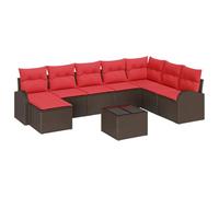 Qnhdfrt Set Divani da Giardino 9 Pz Polyrattan con Cuscini Marrone e Rosso | Salotto modulare a 7 posti per giardini e terrazze, dotato di scomparti portaoggetti integrati e tavolo coordinato.