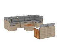 Qnhdfrt Set Divano da Giardino 10 Pezzi in Rattan PE Beige con Tavolo | Salotto modulare per terrazzo e patio con piano in legno di acacia e cuscini sfoderabili per il massimo relax all'aperto.