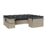Qnhdfrt Set Divano da Giardino 10 Pezzi in Rattan PE Grigio Chiaro | Salotto modulare per terrazzo e patio composto da nove sedute e un tavolo regolabile in altezza con ripiano in vetro.