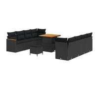 Qnhdfrt Set Divano da Giardino 11 Pezzi in Polyrattan Nero da Esterno | Struttura modulare per terrazzo e patio, dotata di tavolo in legno di acacia e cuscini sfoderabili per dieci persone.