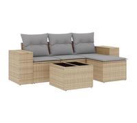 Qnhdfrt Set Divano da Giardino 5 Pezzi in Polyrattan Beige con Cuscini | Salotto componibile da esterno per terrazzo e patio con vano portaoggetti integrato e ripiano in vetro temperato.