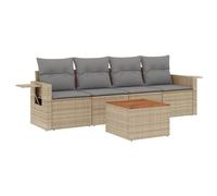 Qnhdfrt Set Divano da Giardino 5 pz in Polyrattan Beige con Tavolo | Mobili modulari da esterno per terrazza o patio con vano integrato sotto la seduta e piano in acacia.