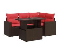 Qnhdfrt Set Divano da Giardino 5 pz in Polyrattan Marrone con Tavolo | Salotto modulare per terrazzo e patio con cuscini rossi sfoderabili e vano portaoggetti integrato nella seduta.