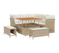 Qnhdfrt Set Divano da Giardino 9 Pz in Polyrattan e Legno Acacia, Beige | Salotto componibile da esterno per terrazzo e giardino con tavolo regolabile in altezza e cuscini sfoderabili.
