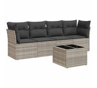 Qnhdfrt Set divano da giardino da 5 pezzi, in polyrattan, con vano portaoggetti e tavolo, mobili da terrazza con cuscini, per giardino ed esterni, grigio chiaro