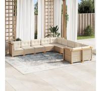 Qnhdfrt Set divano da giardino in polyrattan, 10 pezzi, beige con cuscini e piedini in legno, design modulare, per giardino, terrazza, balcone