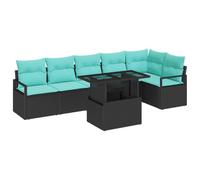 Qnhdfrt Set Divano da Giardino Modulare 7 Pezzi Polyrattan Nero e Blu | Salotto componibile per esterni ideale per arredare terrazzo o patio, completo di cuscini e tavolo robusto.