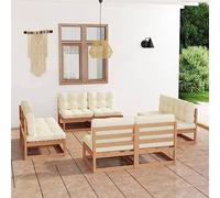 Qnhdfrt Set lounge da giardino 8 cucchiaini in legno di pino massiccio, per esterni, con cuscino, colore marrone miele, crema, 70 x 70 x 67 cm, robusto, modulare per giardino, balcone, terrazza