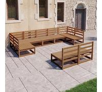 Qnhdfrt Set lounge da giardino, 9 pezzi, in legno di pino massiccio, marrone miele, per esterni, con elementi modulari, per giardino, terrazza e balcone