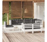 Qnhdfrt Set lounge da giardino, bianco, 9 pezzi, in legno di pino massiccio, con cuscino antracite, per esterni, per terrazza, balcone e giardino