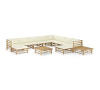 Qnhdfrt Set lounge da giardino in bambù con cuscino bianco crema modulare per esterni, 12 pezzi, per terrazza, balcone e giardino