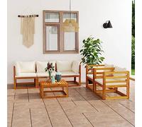 Qnhdfrt Set lounge in legno massello di acacia con imbottitura crema, 6 pezzi, mobili da giardino con tavolo e sedile, per terrazza, giardino e balcone