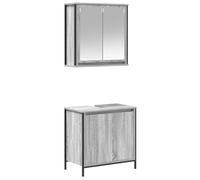 Qnhdfrt Set Mobile Bagno 2 Pz con Specchio e Sottolavabo Grigio Sonoma | Coppia di mobili contenitori per la zona bagno, con specchio doppio e ripiani per cosmetici in legno multistrato.