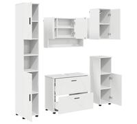 Qnhdfrt Set Mobili Bagno 5 Pezzi in Legno e Metallo Bianco | Arredo completo per il bagno moderno con armadio alto, mobile lavabo e specchiera per ottimizzare lo spazio.
