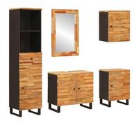 Qnhdfrt Set Mobili Bagno 5 Pezzi in Legno Massello di Mango Naturale | Arredo completo per il bagno composto da specchio, mobile lavabo e tre armadietti in stile rustico moderno.