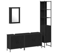 Qnhdfrt Set Mobili Bagno Sospesi 4 Pezzi Legno Composito Nero | Ottimizza lo spazio nella toilette con quattro armadietti a parete e specchio in legno composito nero.