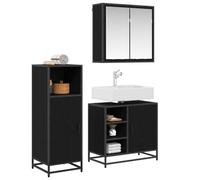 Qnhdfrt Set Mobili da Bagno 3 Pezzi Sospeso in Legno Rovere Nero | Tre arredi salvaspazio coordinati con specchio e maniglie in metallo nero per ottimizzare ogni bagno moderno.