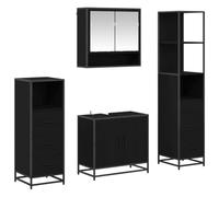 Qnhdfrt Set Mobili da Bagno 4 Pezzi con Specchio e Armadietti Rovere Nero | Soluzione salvaspazio per il bagno con moduli in legno ingegnerizzato, maniglie nere e ampio spazio per cosmetici.