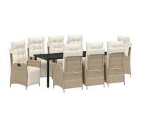 Qnhdfrt Set Pranzo da Giardino 9 Pezzi in Polyrattan Beige con Tavolo | Arredo per terrazzo e patio completo di 8 sedie reclinabili con cuscini e tavolo in vetro temperato.