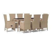 Qnhdfrt Set Pranzo da Giardino 9 pz in Rattan PE Tavolo e Sedie Beige | Mobili componibili per terrazzo e patio con sedie reclinabili regolabili e piano in vetro temperato resistente.